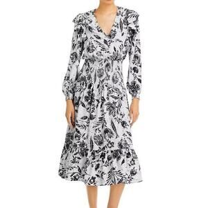 Aqua Womens Linen Blend Smocked Leaf Print Midi Dress size Small
